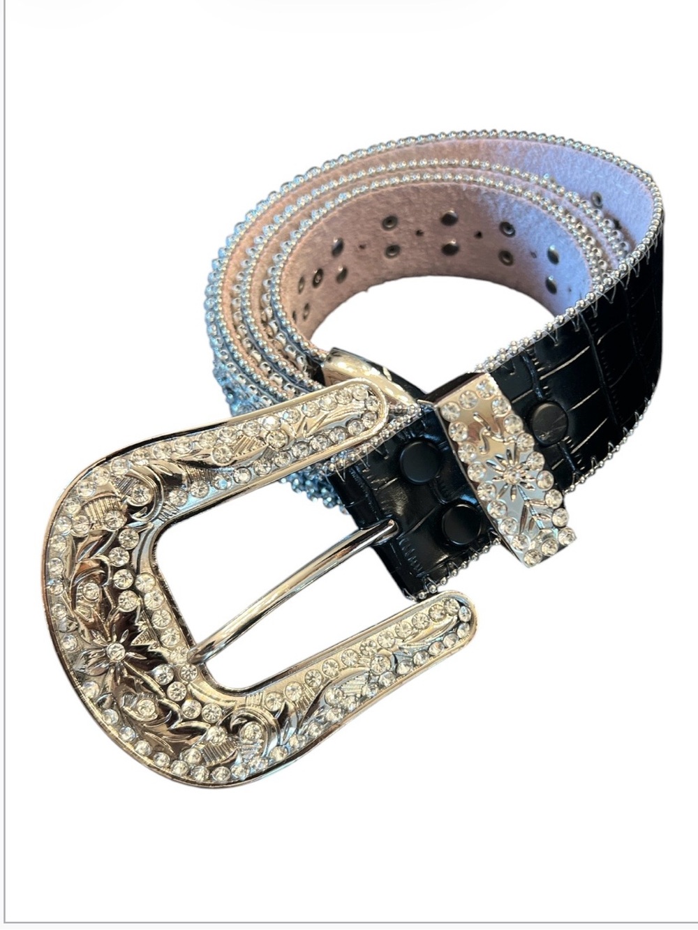 Women’s Western Bling Belt Black Textured Rhinestone Studded Silver Buckle M